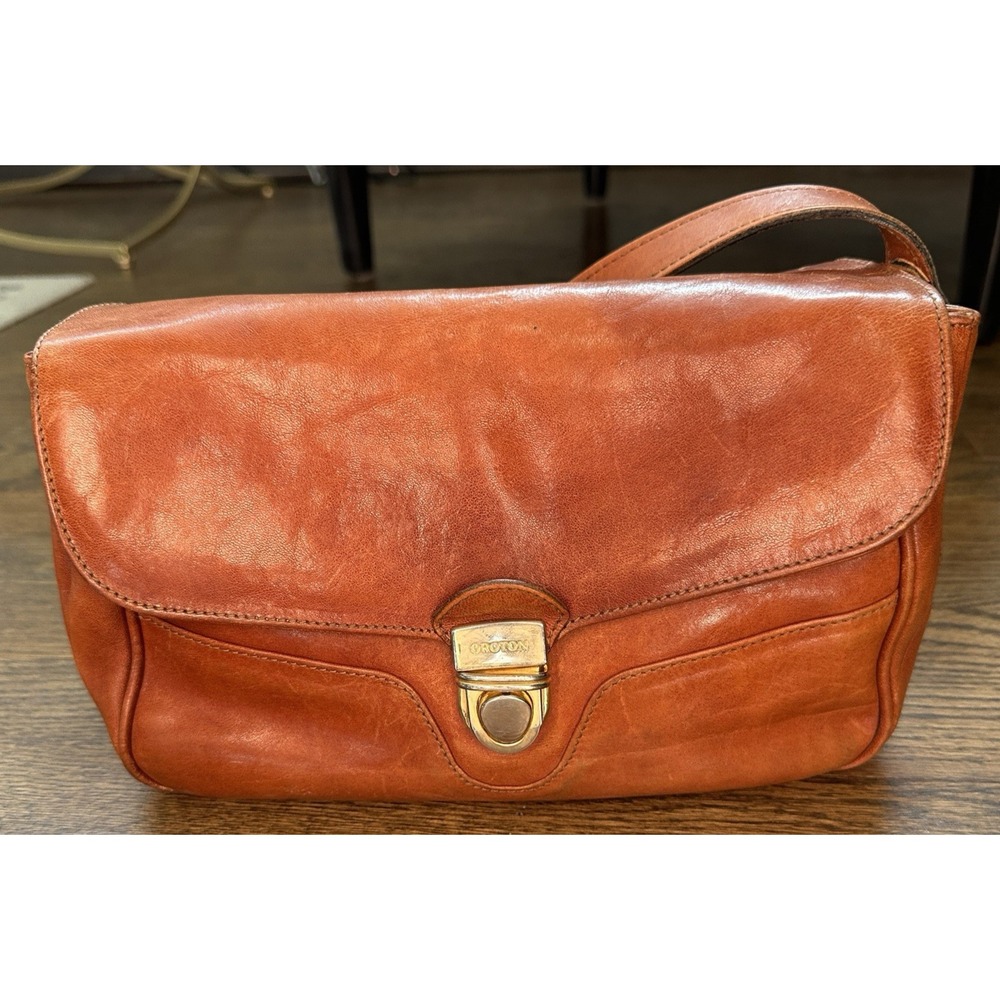 Oroton Sydney Vintage Cognac Leather Crossbody Bag Flap Shoulder Purse 80s 90s